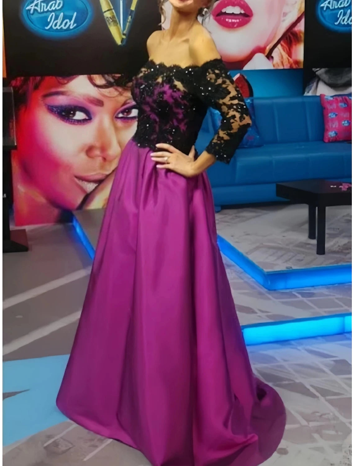 A-Line Evening Gown Party Dress Birthday Fall Floor Length Half Sleeve Off Shoulder Satin with Pleats Sequin 2025